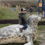 Bild - Kind reitet auf einer Seelöwen-Attrappe beim Spielplatz