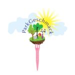 Grafik: Logo Event Parkgeschmack - Ein Stückchen Erdoberfäche mit Bäumen und Spielzeug, Sonne, Himmel und Schriftzug steckt auf einer Frittengabel