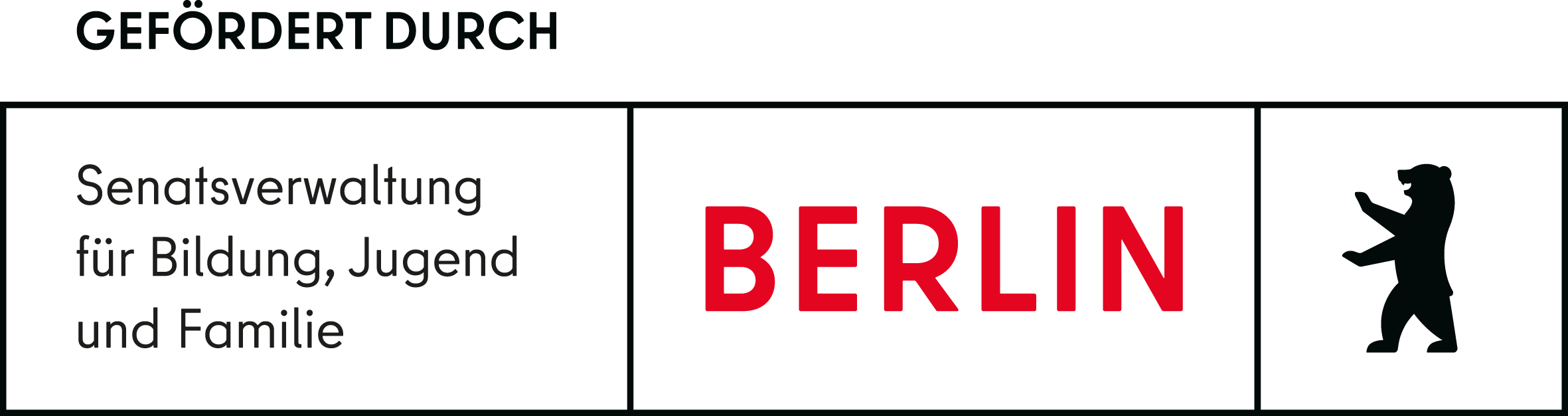 Logo: ein schwarzer Kasten links Schriftzug mit Senatsverwaltung für Bildung, Jugend und Familie, Mitte in rot Berlin und rechts eine Silhoutte des Berliner Bär