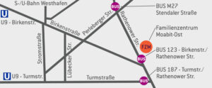 Grafik: Straßenkarte aus grauen Linien mit Straßennamen und Symbolen für Bushaltestellen und U-Bahnhöfen
