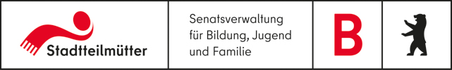 Link zur Website Senatsverwaltung für Bildung, Jugend und Familie Grafik: v.l.n.r. in schwarz umrandeten Flächen 1. symbolischer Kopf mit Schal um den Hals in Rot, darunter Schriftzug Stadtteilmütter in Schwarz, 2. Schriftzug, 3. Buchstabe B in Rot 4. Berliner Bär in Schwarz.