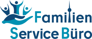 Grafik: Oben links blaue Hand, darin drei blaue Figuren. Daneben steht in blauer Schrift: Familien Service Büro
