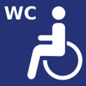 Grafik: symbolische Darstellungen eines Rollstuhlfahrers sowie Buchstaben WC in weiß vor blauem Hintergrund