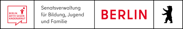 Link zur Senatsverwaltung Bildung, Jugend und Familie Grafik: v.l.n.r. in schwarz umrandeten Flächen 1. eckige Sprechblase mit Schriftzug Berlin aktiv gegen Kinderarmut sowie Kindersymbol, 2. Schriftzug, 3. Wort BERLIN in Rot 4. Berliner Bär in Schwarz.